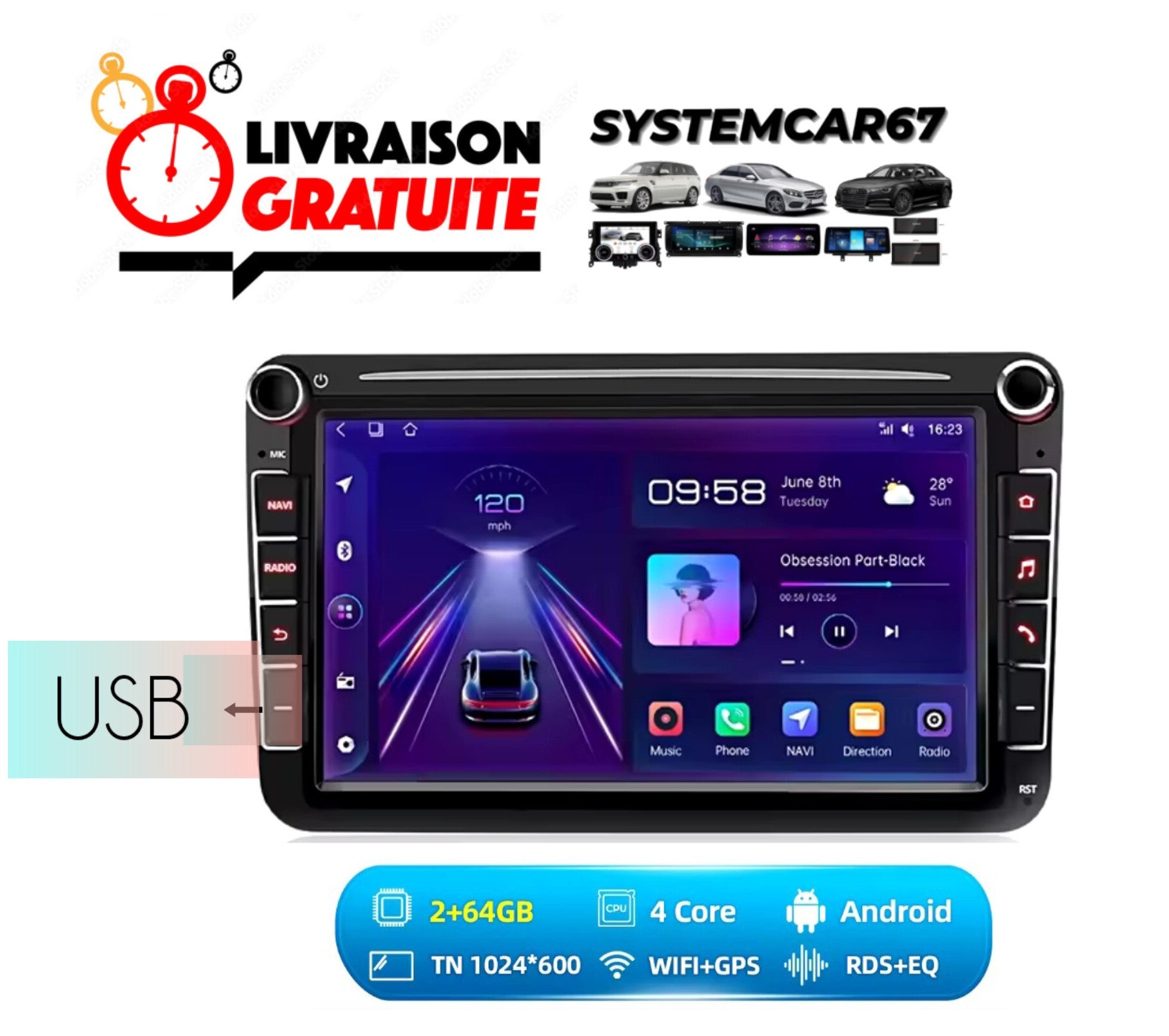Systemcar67™Carplay Tiguan SCIROCCO Volkswagen Golf Polo Skoda Play store Bluetooth WiFi 2G64