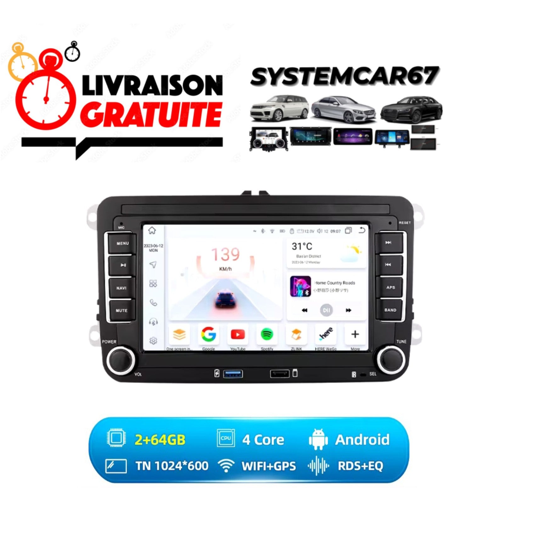 Systemcar67™Carplay SCIROCCO Volkswagen Golf Polo Skoda Play store Bluetooth WiFi 2G64